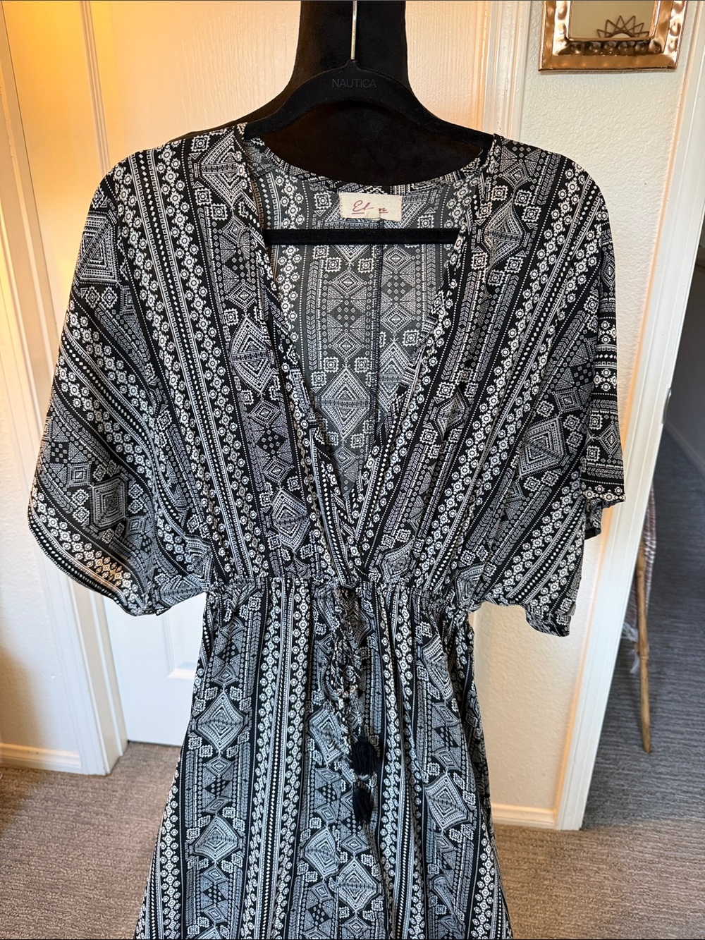 Elan Boho Black & White Maxi Dress with Tassel Tie - Picture 2 of 3